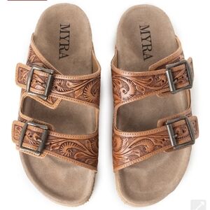 Myra Bag Boho Floral Craft  Brown Sandals with Buckle Straps